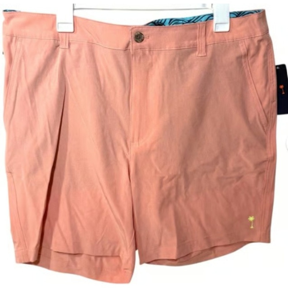 Margaritaville Mens Hybrid Shorts 38 Peach Pink Flat Front Palm Tree NWT